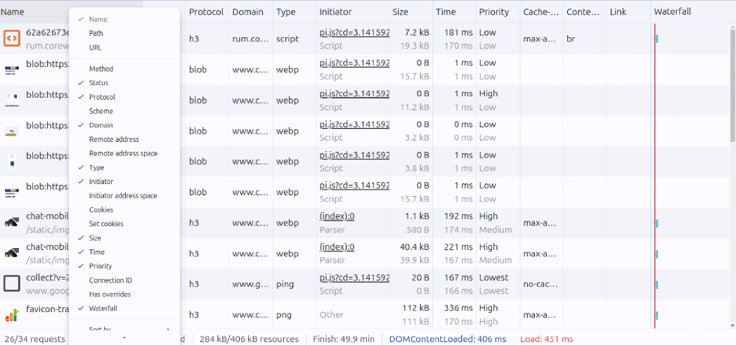 chrome devtools network select columns