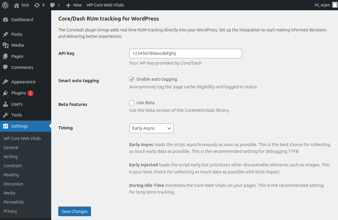 coredas wp plugin settings page
