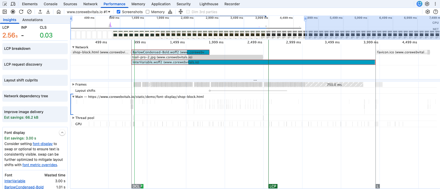 Chrome DevTools Performance panel with the Font display insight open: InterVariable 3.00 s and BarlowCondensed-Bold 1.01 s, both font requests outlined in red in the Network track, the LCP marker at 2.56 s