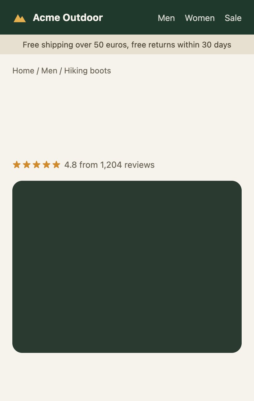 Demo product page at the first paint with font-display block: header, breadcrumbs and the star rating, a blank gap where the headline goes and nothing under the photo