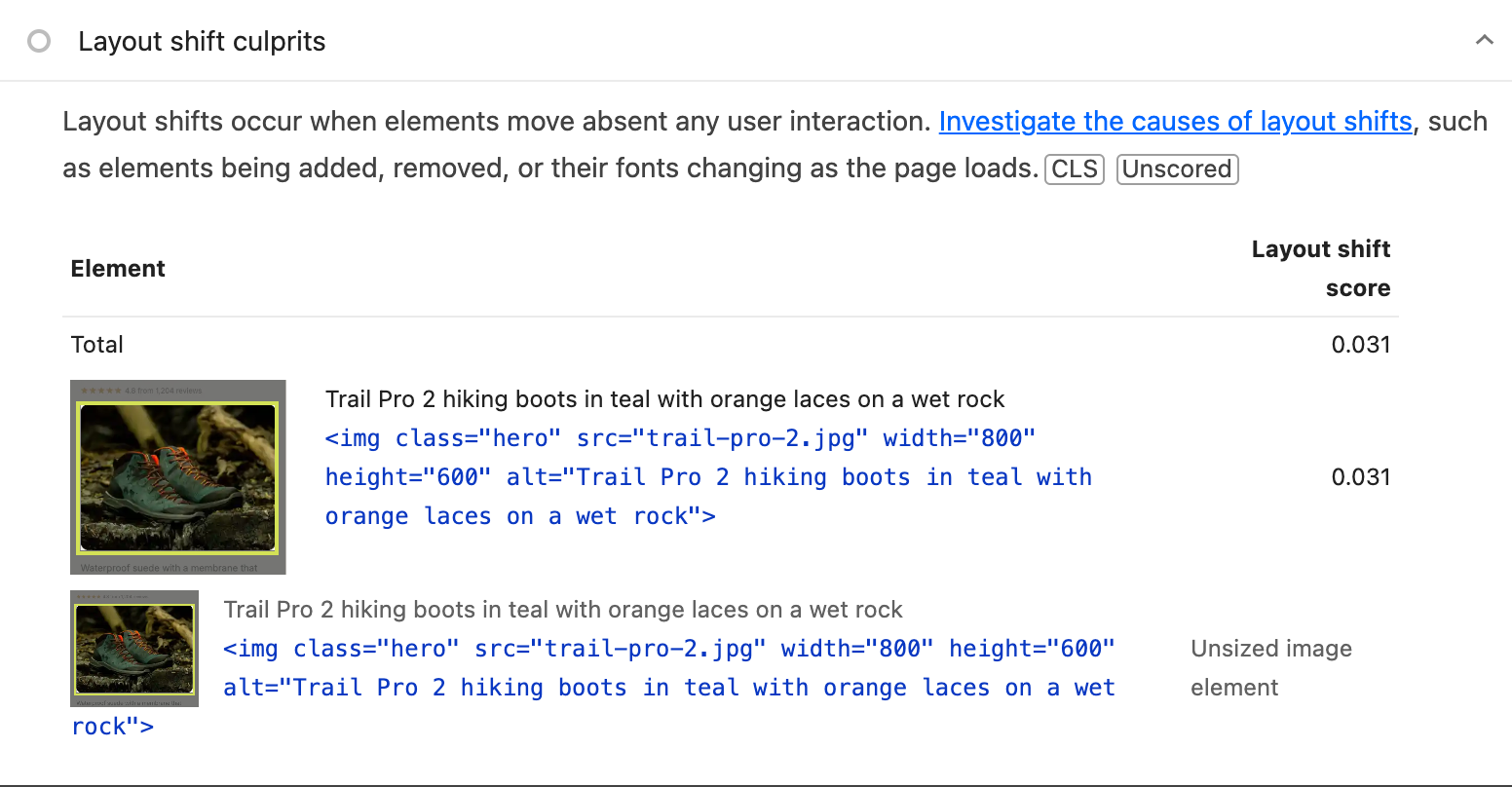 Lighthouse Layout shift culprits on the swap version: total 0.031, the hero image listed with the cause Unsized image element, although the img tag has width 800 and height 600