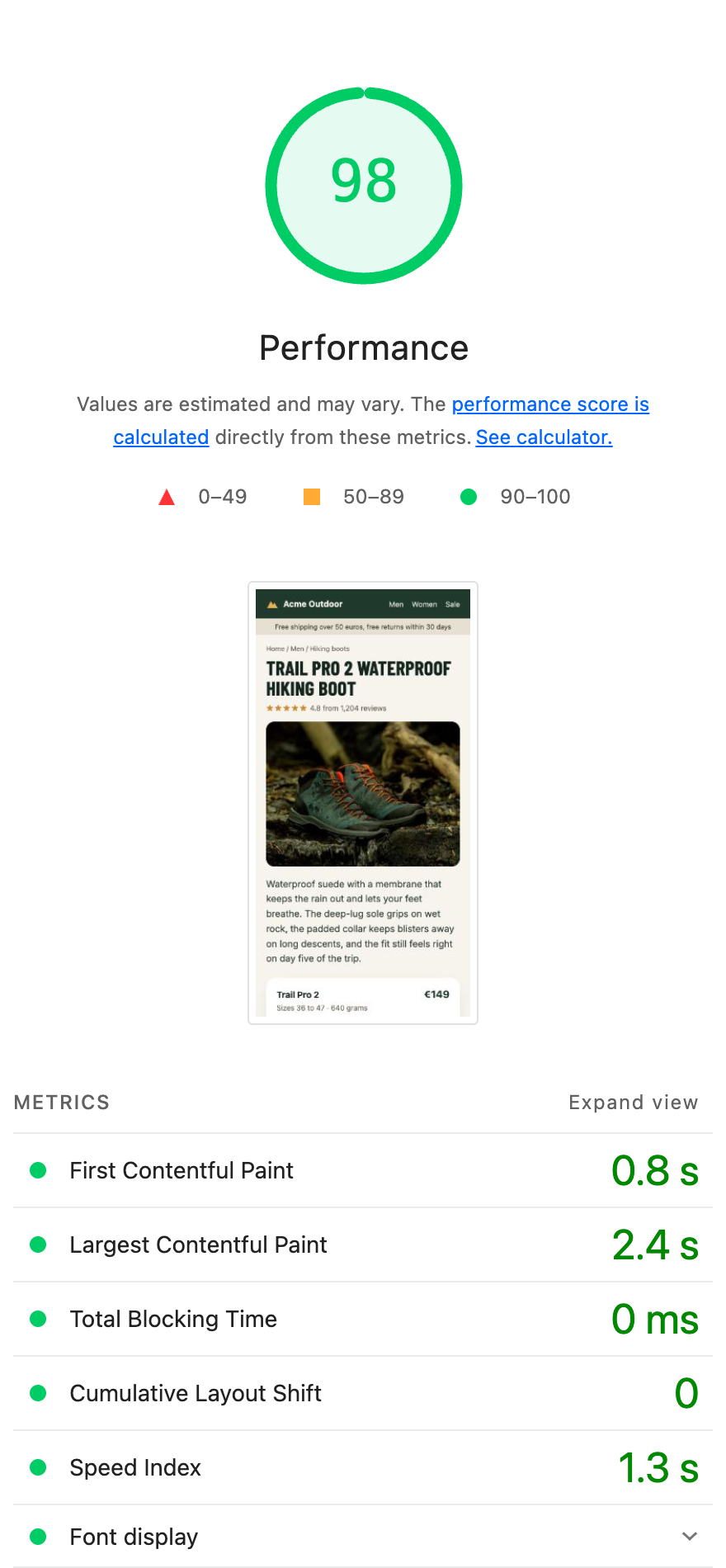 Lighthouse report with swap and metric overrides: score 98, Speed Index 1.3 s, CLS 0, Font display passed