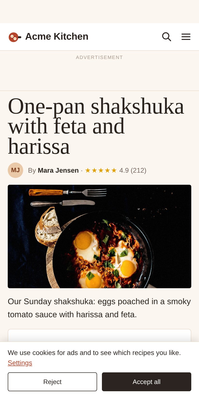 The fixed page at its first paint: an empty strip where the bar will go, an empty ad slot at its full height, and the headline already in three lines in the adjusted fallback font.