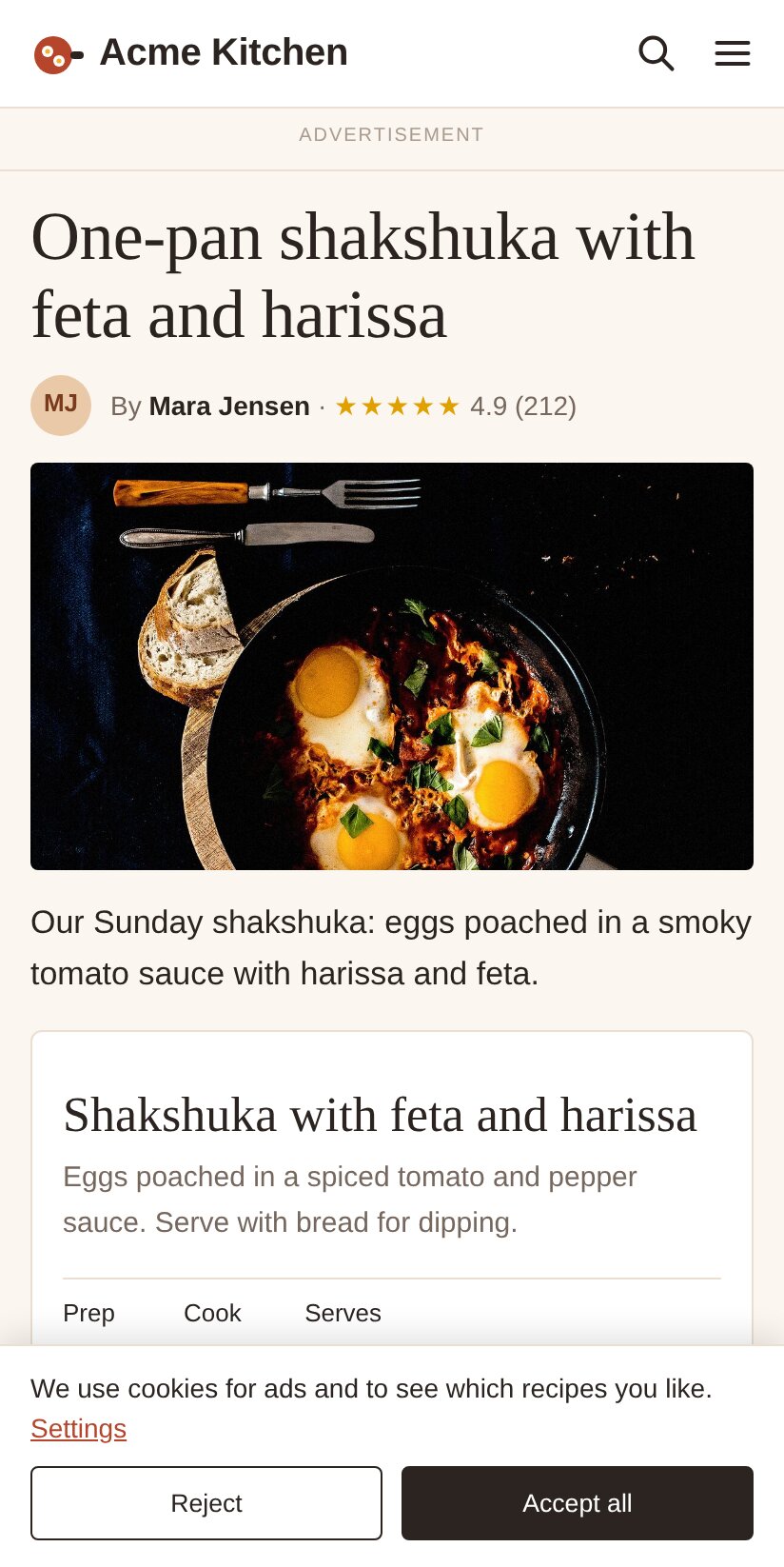 The recipe page on a phone at its first paint: header, an empty ad label, the headline in two lines in the fallback font, the author line and the featured photo.