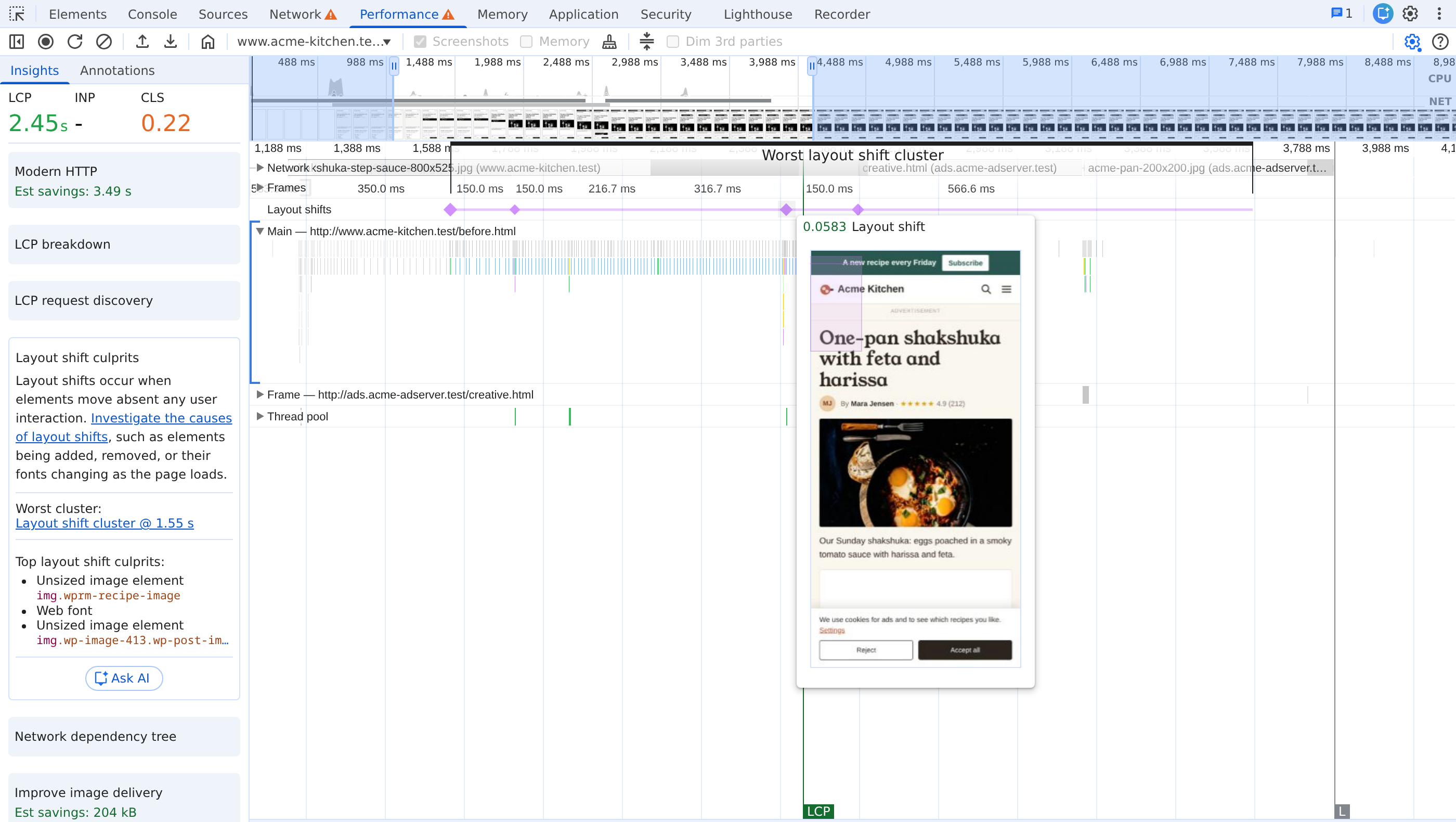 Chrome DevTools Performance panel: the Layout shifts track with four diamonds in the worst layout shift cluster, the tooltip of the 0.0583 shift showing the page with a green newsletter bar that has just appeared above the header, and the Layout shift culprits insight on the left listing two unsized images and a web font.