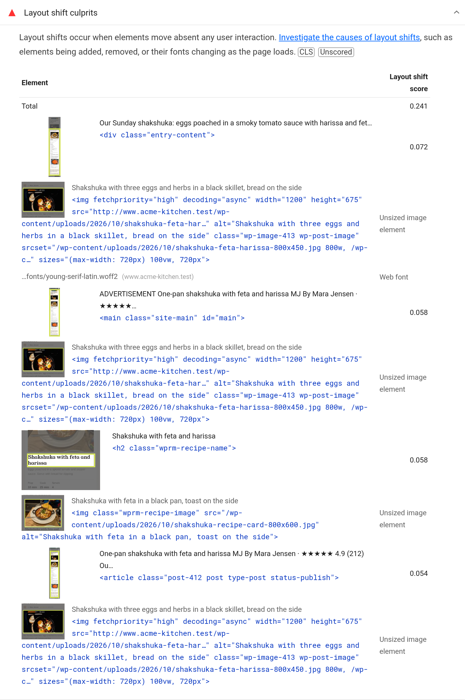 Lighthouse's Layout shift culprits insight in red on a recipe page: Total 0.241 and four shifts. The moved elements are div.entry-content, main, the recipe card title and article. Under three of them the cause line is Unsized image element pointing at the featured image, which has width 1200 and height 675; the font row also says Web font, and the recipe card row names the recipe photo.