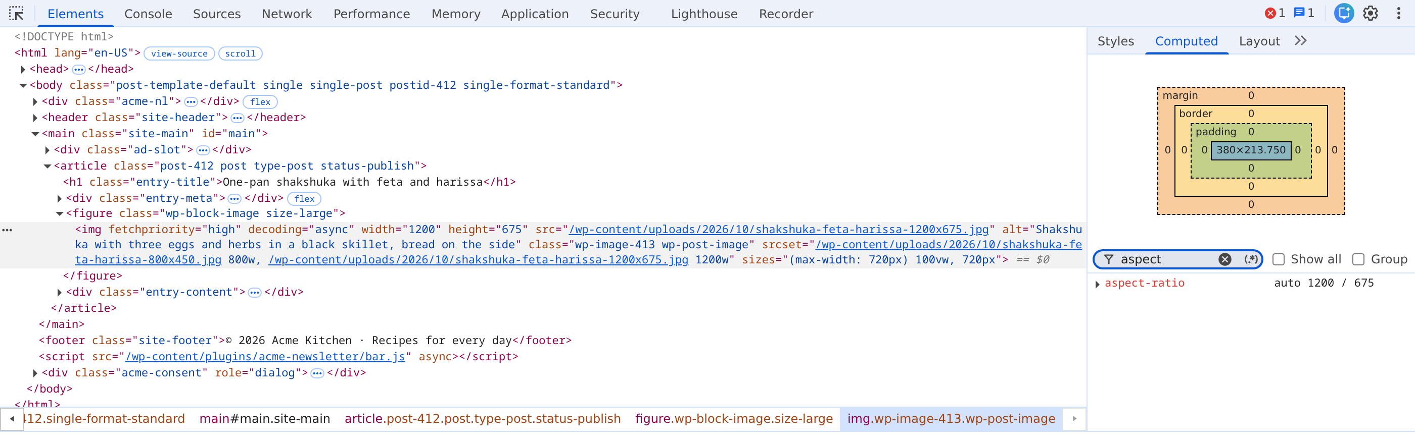 Chrome DevTools Elements panel with the featured image selected: the img tag has width 1200 and height 675, and the Computed tab, filtered on aspect, shows aspect-ratio auto 1200 / 675.