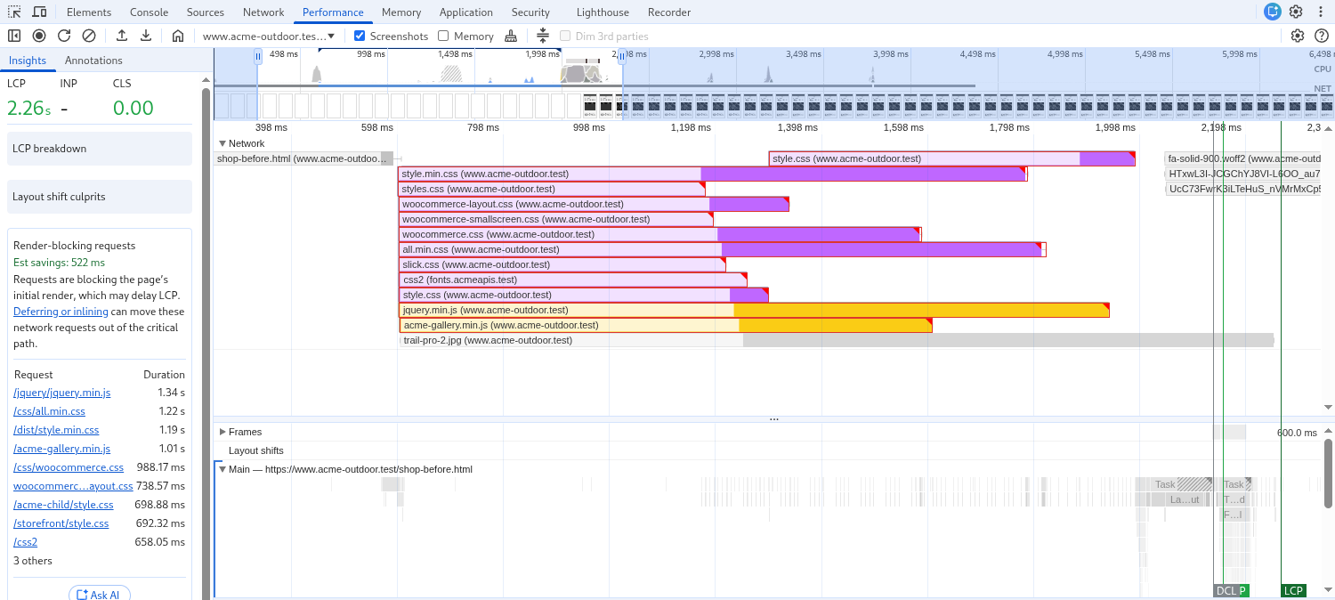 Chrome DevTools Performance panel with the Render-blocking requests insight open, the blocking requests outlined in the Network track and the FCP marker after the last one