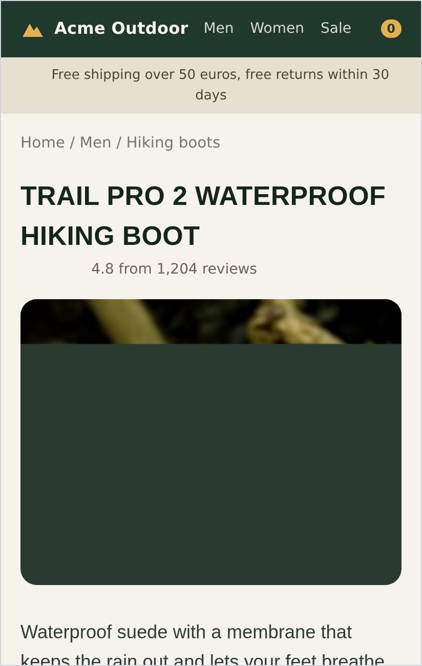 The product page after the fix on a phone at 1.4 seconds: the styled page is there, the product photo still loading