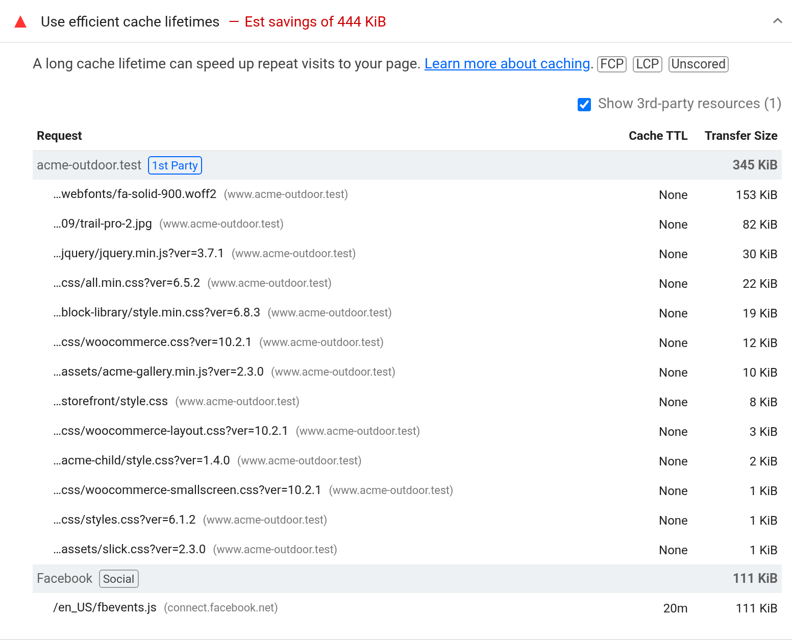 Lighthouse's Use efficient cache lifetimes insight, red, estimated savings of 444 KiB: thirteen of the shop's own files with a cache TTL of None and Meta's fbevents.js with 20 minutes; Google Tag Manager and gtag.js are not listed.